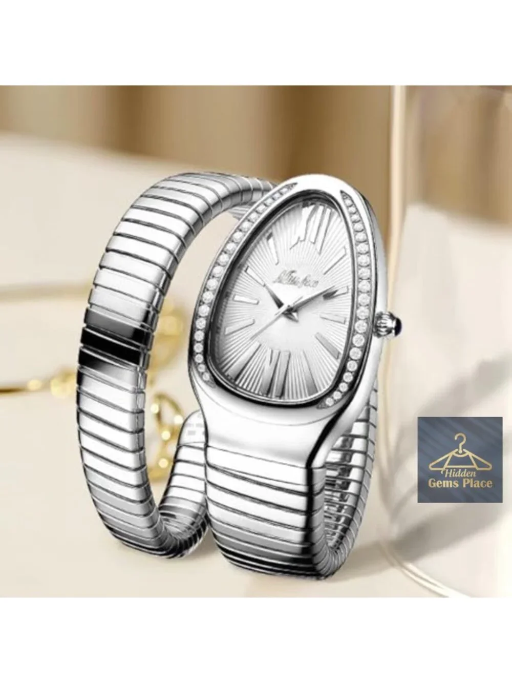 Snake Face Watch Women Teardrop Dial Mother of Pearl Blue Roman Numerals